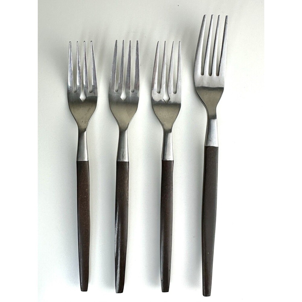 Ekco Eterna CANOE MUFFIN 1 Dinner Forks 3 Salad Stainless Faux Wood Handle MCM